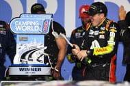Cup Series driver Alex Bowman reacts after winning the Camping World 400 at Chicagoland Speedway - Source: Imagn